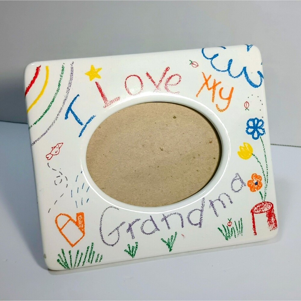 Russ Berrie I Love My Grandma Ceramic Picture Frame Crayon Drawing Style 8436 **